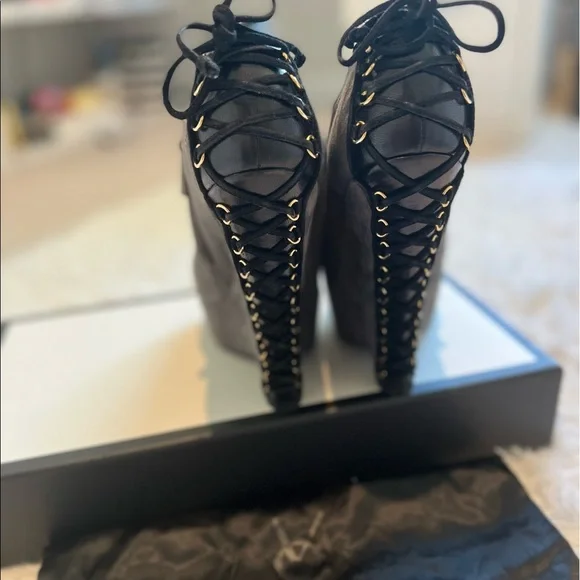 YSL gray suede lace up back wedges - Picture 3 of 8